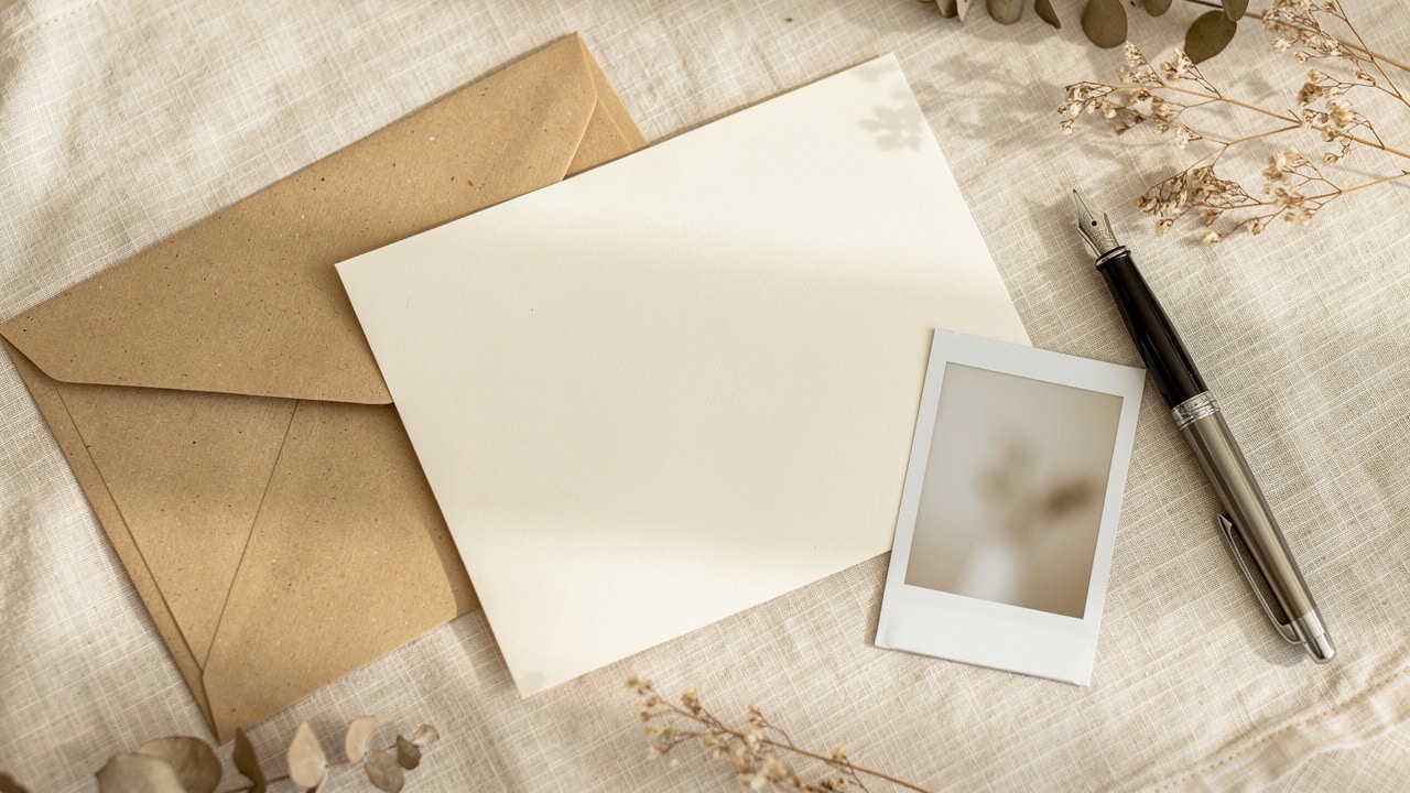 carte de remerciement de mariage vierge posée sur une nappe en li avec une enveloppe kraft, une photo instantanée et un stylo plume