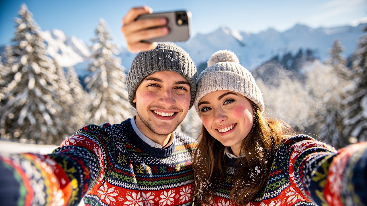photo selfie noel couple avec pulls moches chalet haute montagne