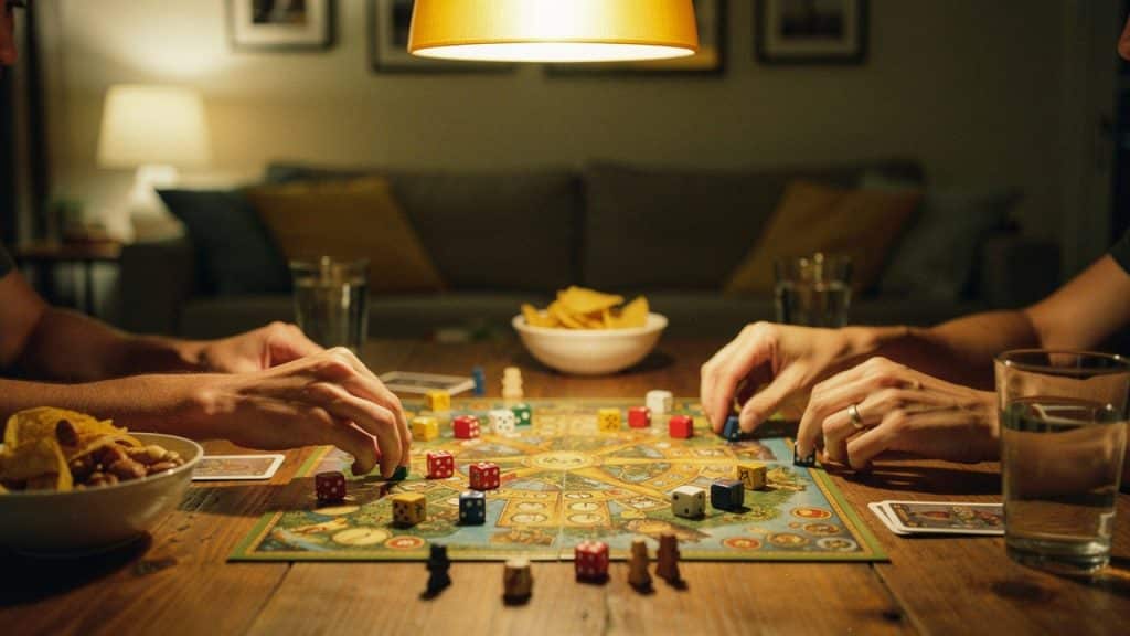 Table en bois avec un jeu de societe, des des et des pions pendant une soiree jeux entre amis
