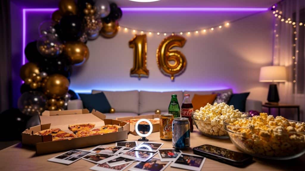 Décoration d'anniversaire 16 ans : ballons chiffres dorés, néons violets et buffet pizzas dans le salon