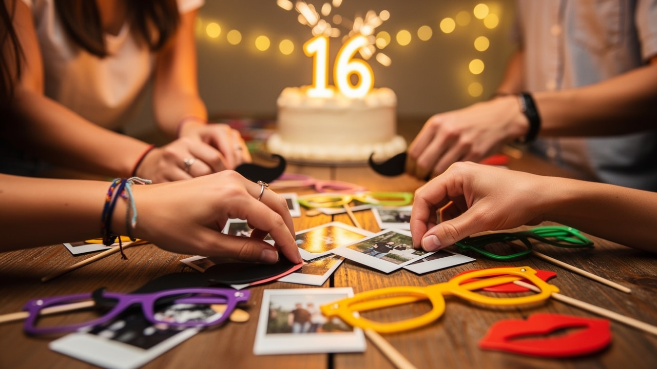 Ados autour des photos instantanées et accessoires photobooth pendant un anniversaire de 16 ans