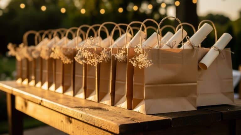 Wedding bags en papier kraft alignés sur une table en bois à l'entrée d'un mariage