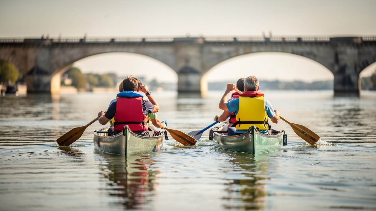 Équipes en canoë sur la Garonne lors d'un team building à Bordeaux, arches d'un pont de pierre en arrière-plan