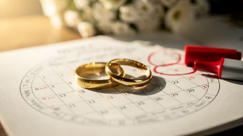Alliances posées sur un calendrier avec une date de mariage entourée en rouge