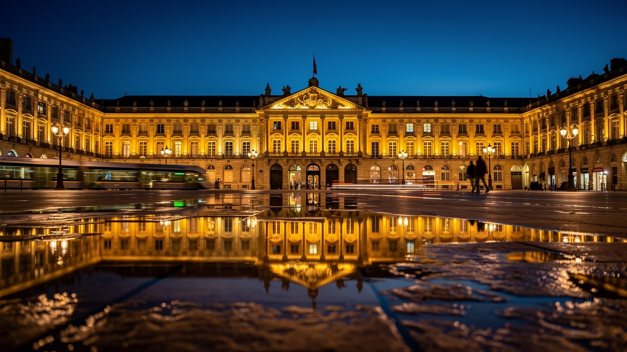 Façades classiques illuminées et reflets d'eau la nuit, cadre d'une soirée de team building à Bordeaux