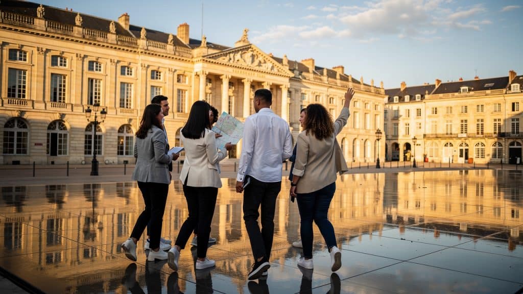 Rallye urbain d'équipe sur une place classique du centre de Bordeaux, carte en main au coucher du soleil