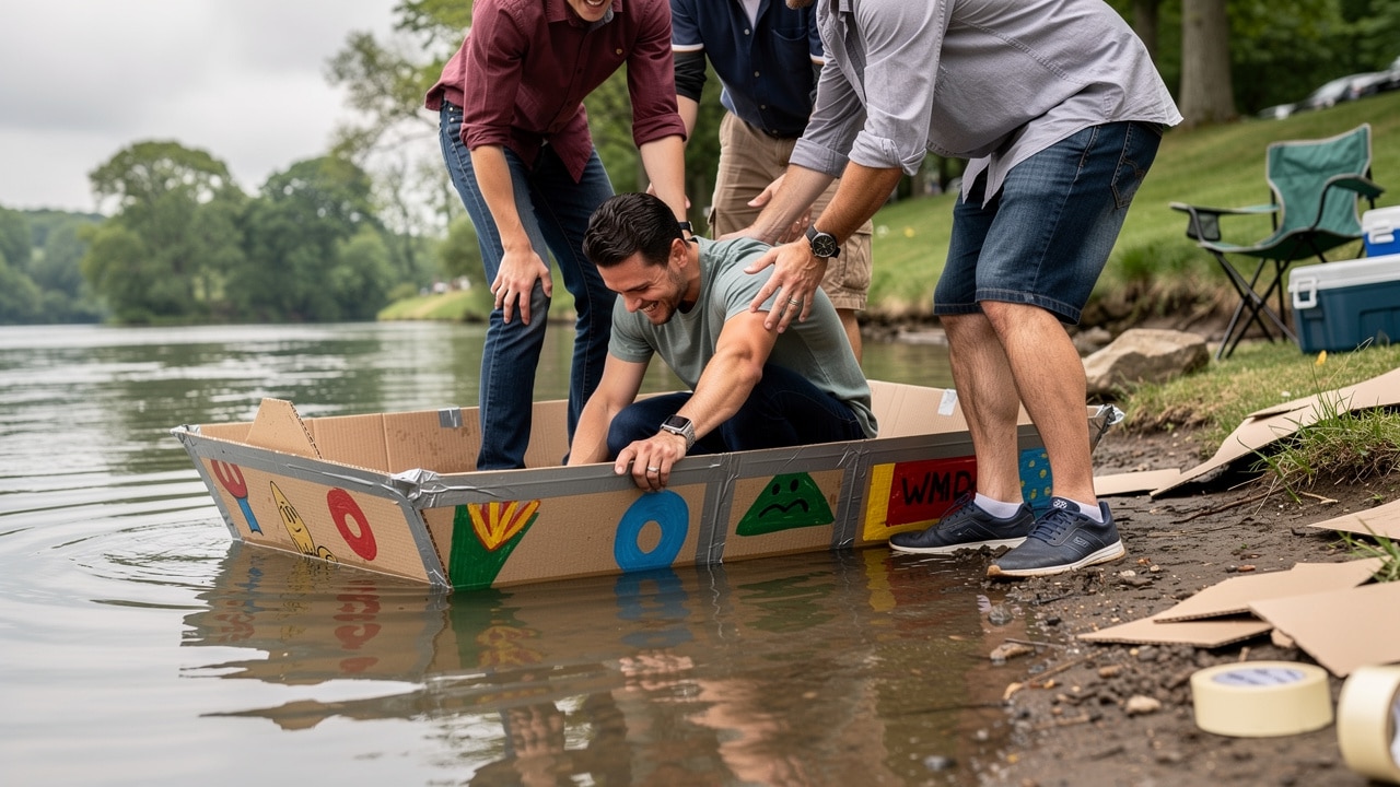 Régate de bateaux en carton : une équipe met son embarcation décorée à l'eau pendant un team building