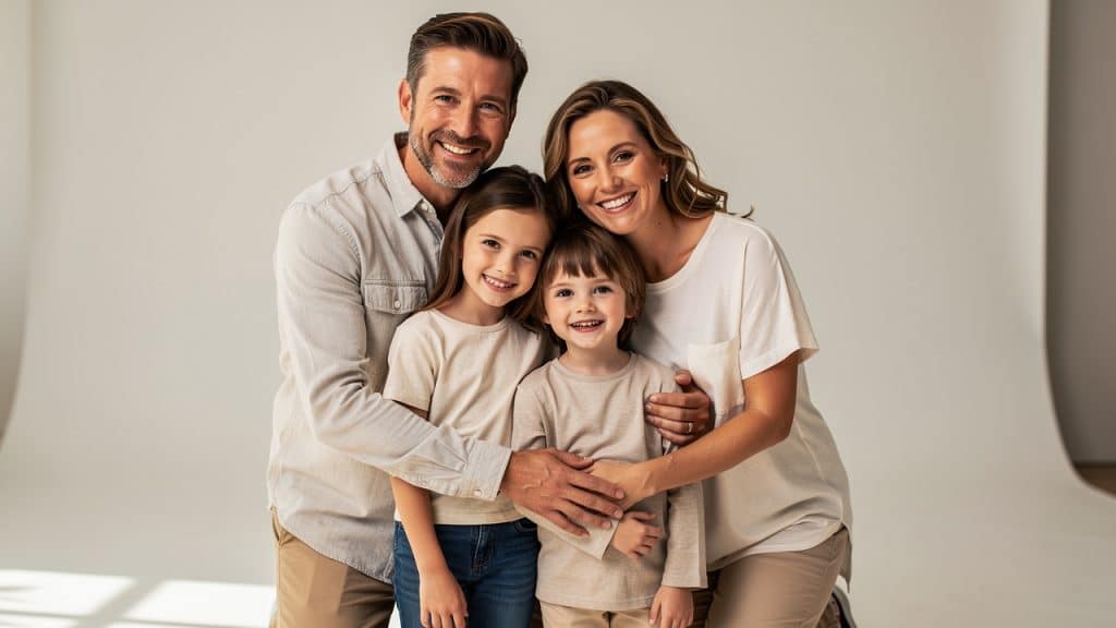 Portrait de famille en studio, parents et deux enfants souriants sur fond neutre, lumière professionnelle