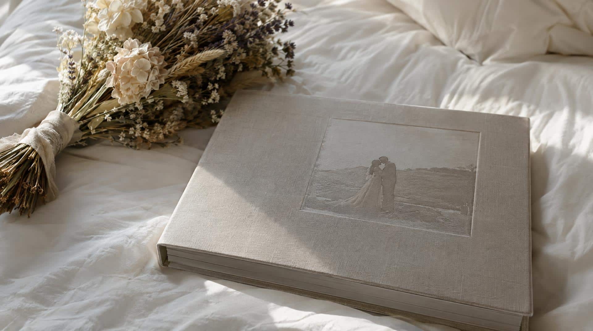 Album photo de mariage à couverture rigide en lin avec photo gravée, posé sur un lit