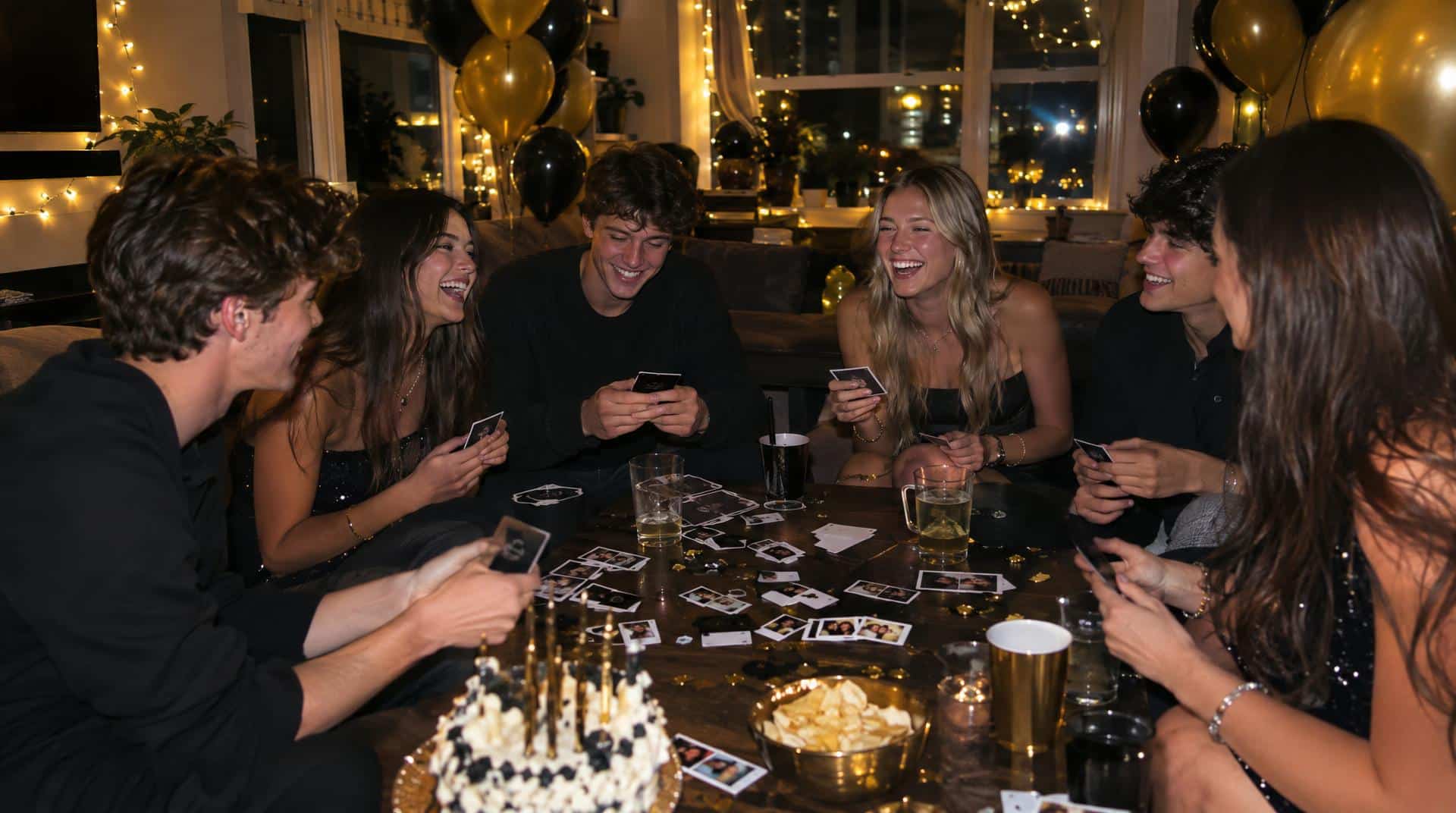 Soirée d'anniversaire 18 ans à la maison : amis autour d'un jeu de cartes, ballons noir et or, tirages photo sur la table