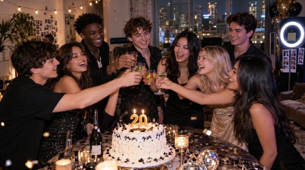 Soirée d'anniversaire 20 ans entre amis : gâteau avec bougie 20, toast et photobooth en fond