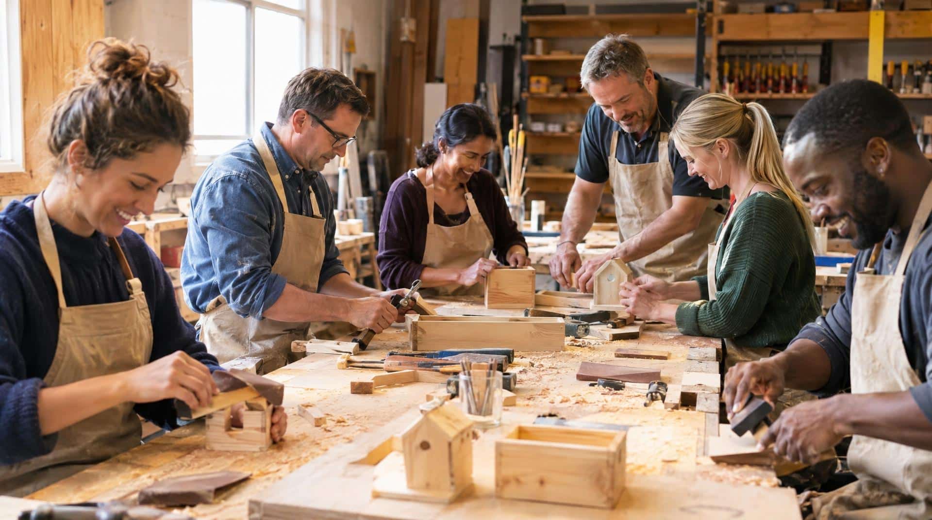 Atelier bois en team building : les collaborateurs assemblent des objets en bois