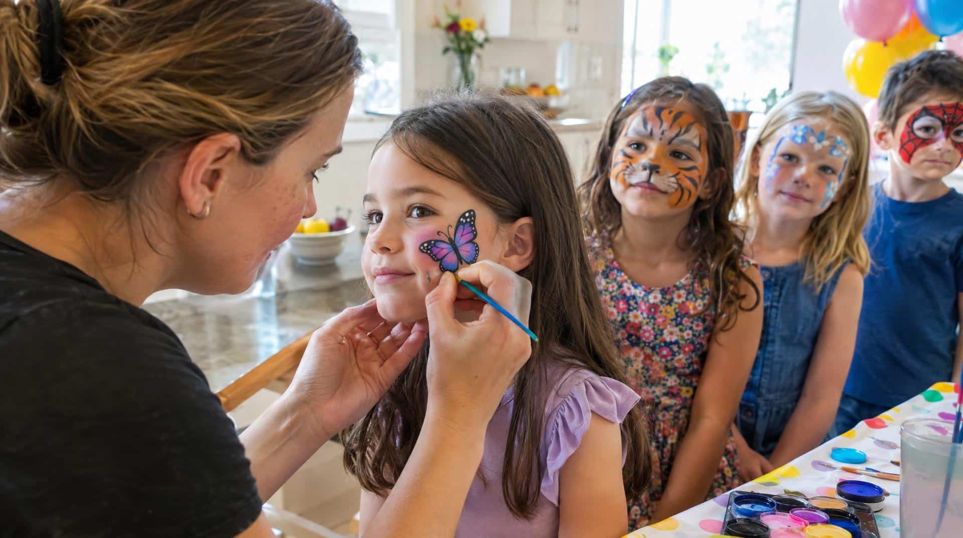 Atelier maquillage pour un anniversaire d'enfant : papillon, tigre et super-héros