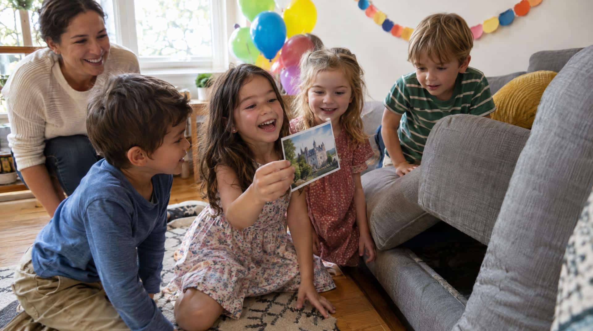 Enfants de 5 ans découvrant un indice photo caché sous un coussin pendant une chasse au trésor à la maison