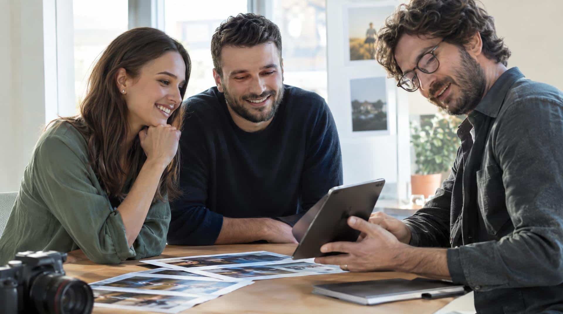 Couple qui consulte le portfolio d'un photographe événementiel avant de signer un devis