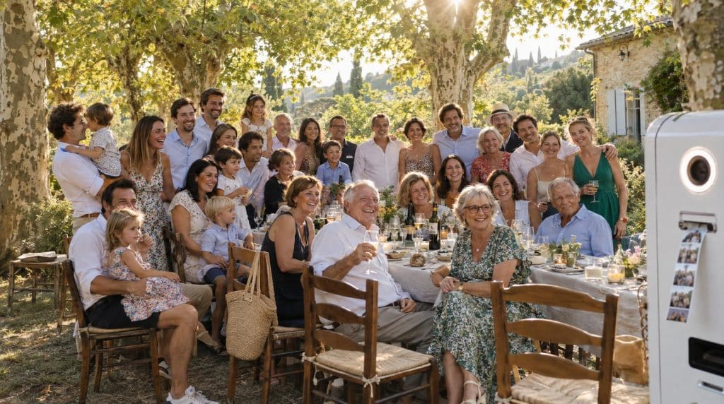 Cousinade réunissant trois générations autour d'une grande tablée dans un jardin, photobooth en fond