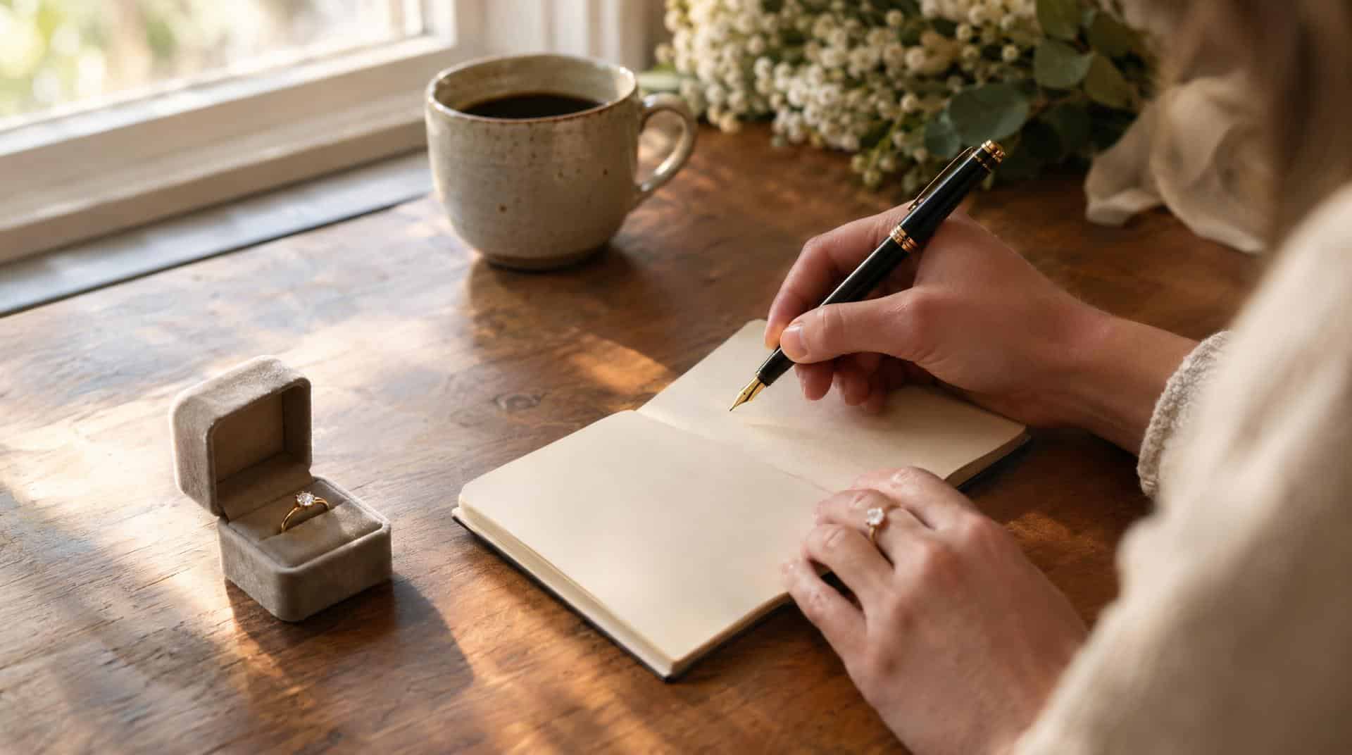Mains écrivant des vœux de mariage au stylo plume dans un petit carnet