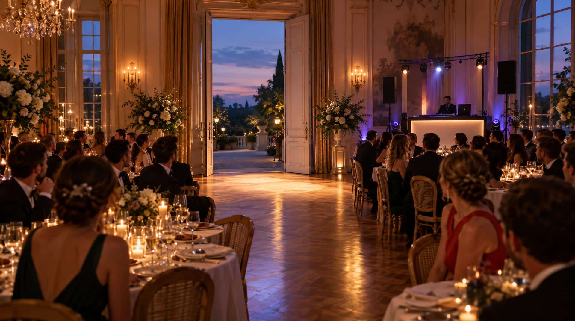 Salle de réception au moment de l'entrée des mariés : invités assis tournés vers les portes ouvertes, DJ prêt à lancer la musique