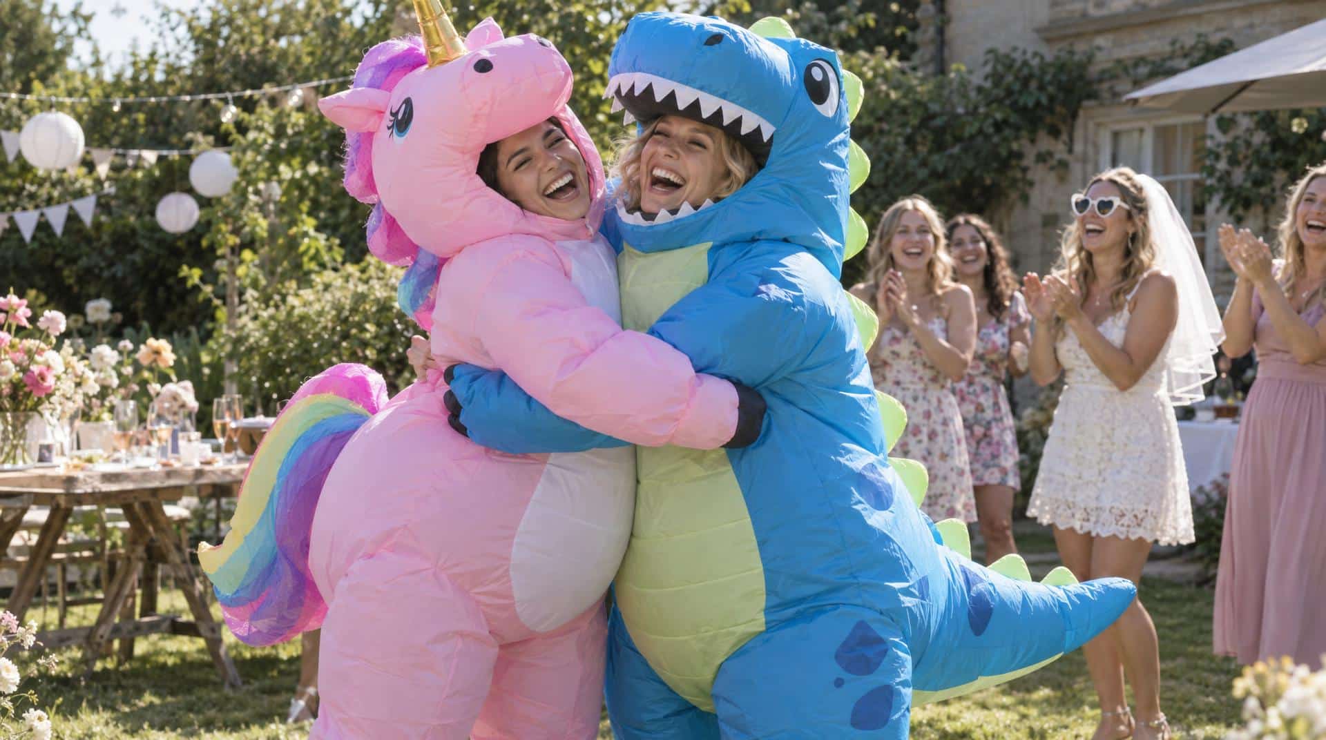 Deux amies en combinaisons gonflables licorne et dinosaure lors d’un EVJF dans un jardin