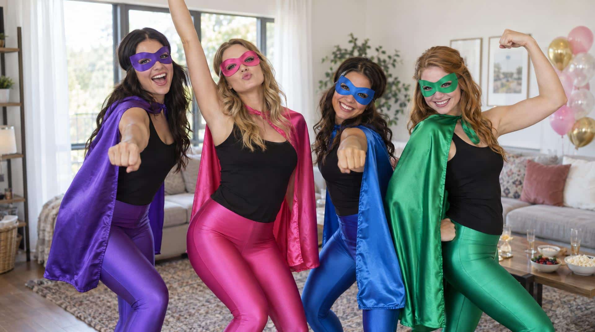Quatre amies déguisées en super-héroïnes avec capes colorées et loups, en pose pour un EVJF