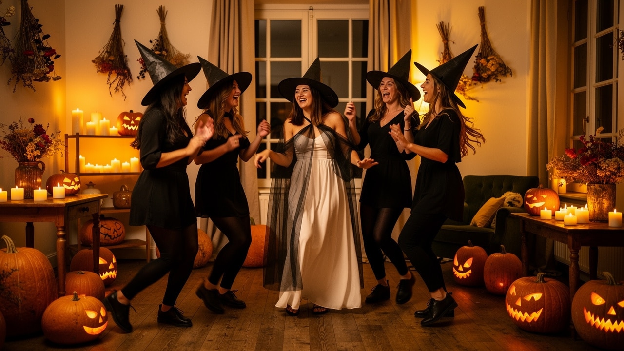 Future mariée en robe blanche et voile noir entourée de ses amies en tenues noires et chapeaux de sorcière, EVJF thème Halloween