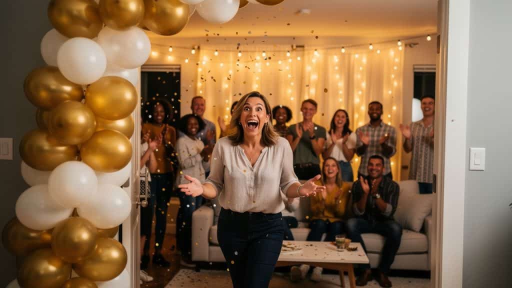 Femme de 40 ans découvrant sa fête surprise, entourée de ses amis sous une arche de ballons dorés