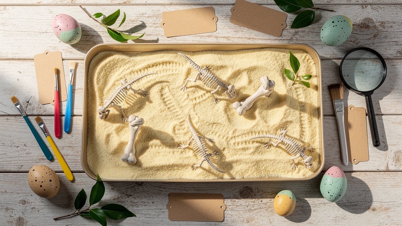 Atelier fouille archéologique pour un anniversaire dinosaure : bac de semoule, squelettes à dégager, pinceaux et loupe