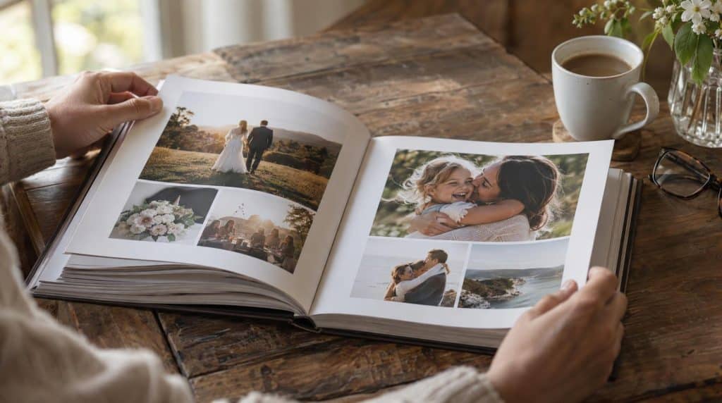 Grand album photo papier ouvert sur une table en bois, photos de mariage et de famille
