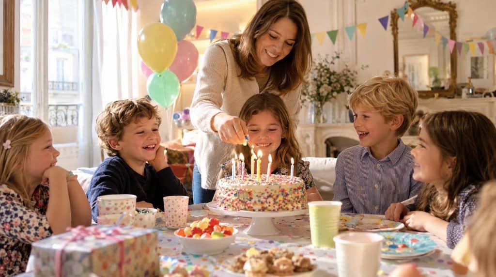 Anniversaire d'enfant à la maison : les copains autour du gâteau au moment des bougies