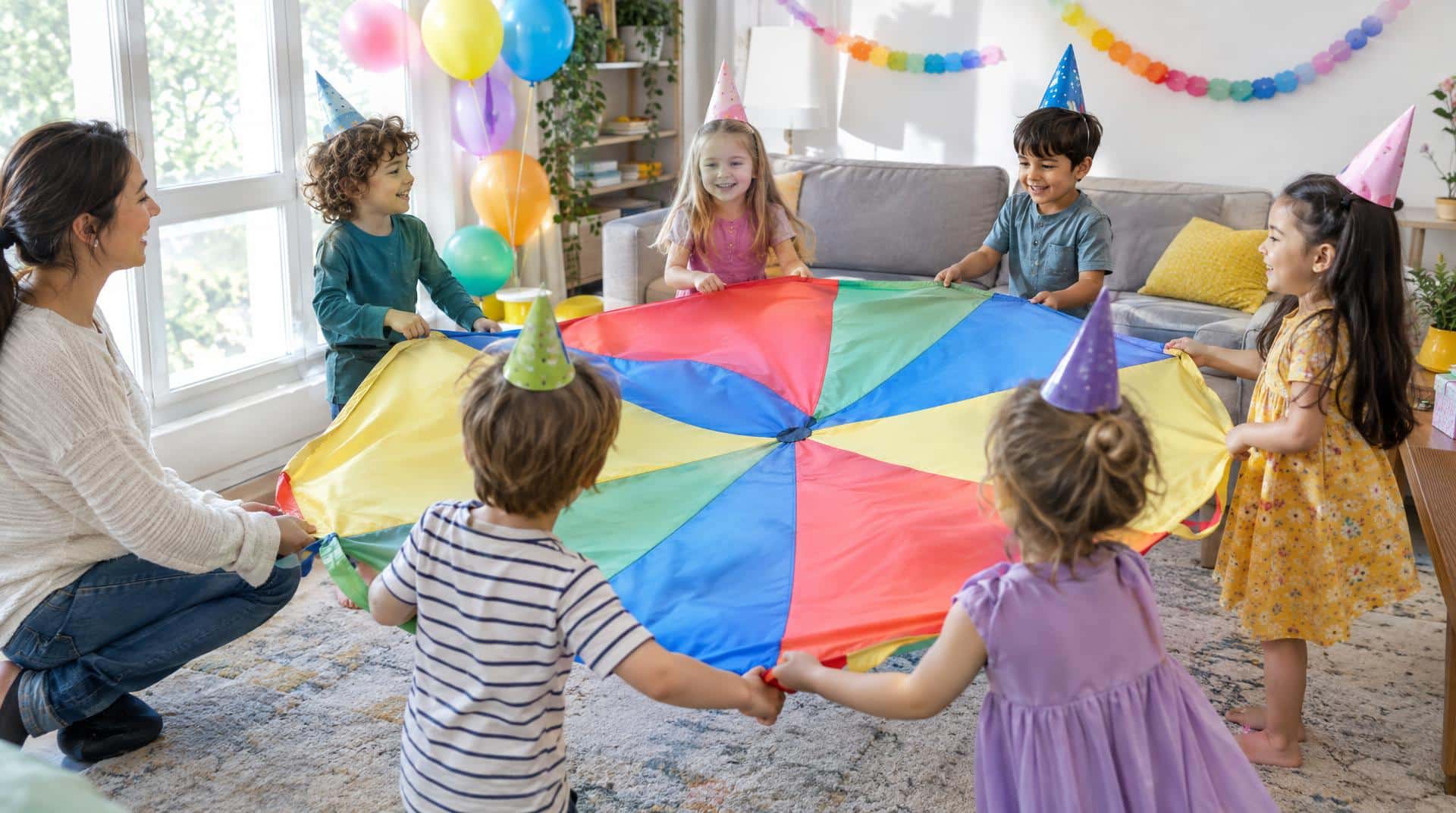 Enfants de 5 ans jouant au parachute coopératif dans un salon décoré pour un anniversaire