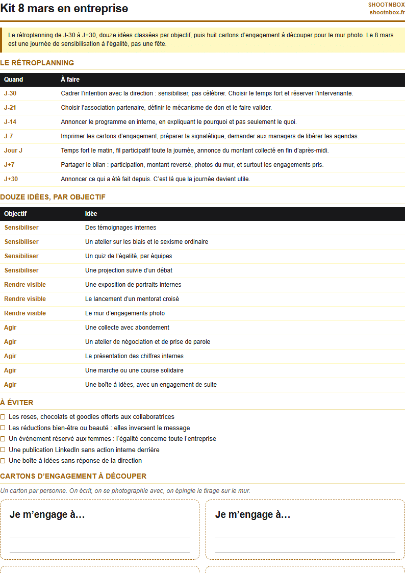 Kit 8 mars en entreprise à imprimer : aperçu du PDF avec rétroplanning et cartons d’engagement