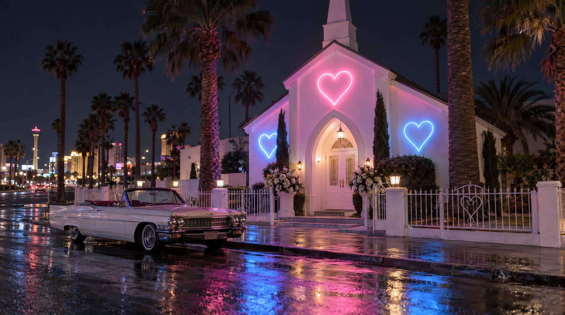 Chapelle de mariage à Las Vegas de nuit, décor de plusieurs mariages de stars parmi les plus courts