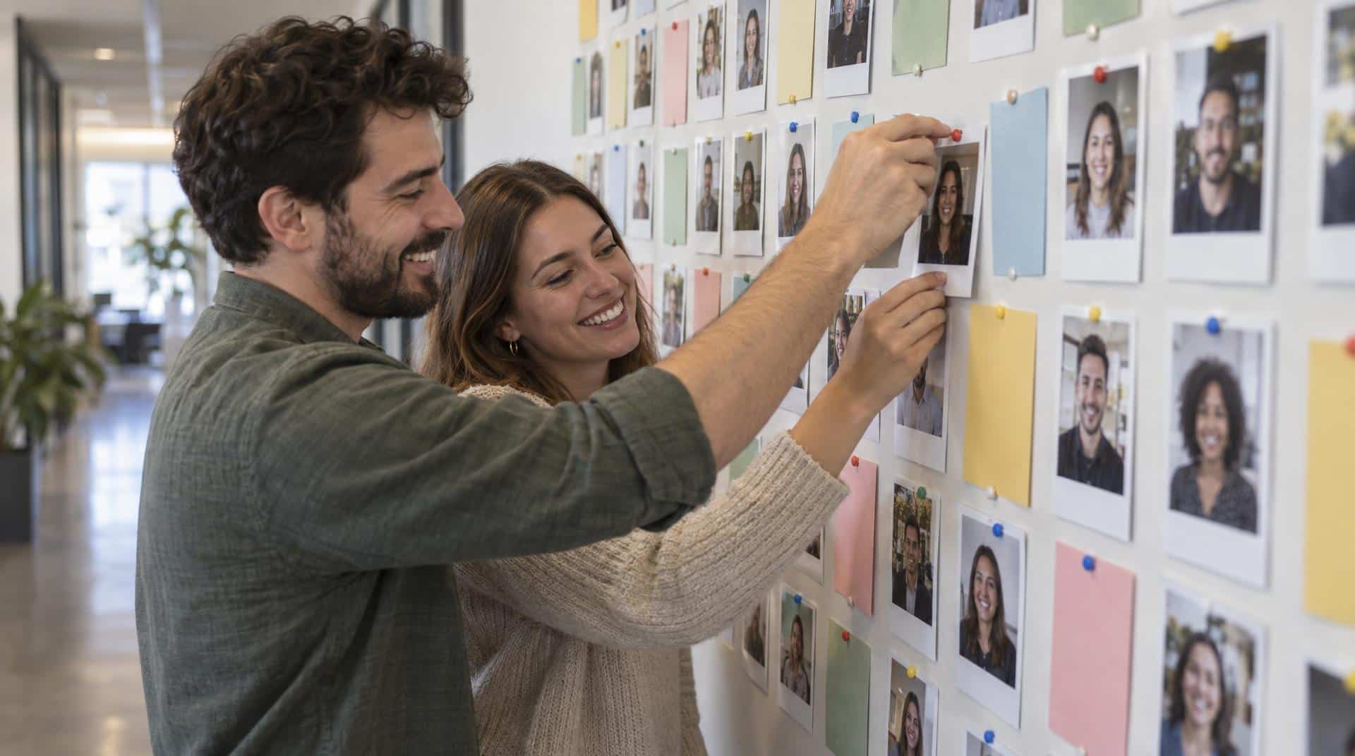 Mur d’engagements du 8 mars en entreprise : deux collègues épinglent une photo