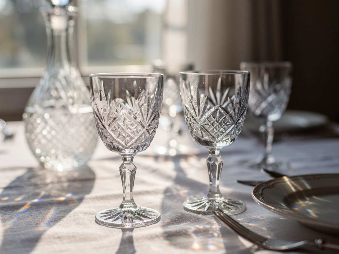 Verres et carafe en cristal taillé qui diffractent la lumière sur une nappe, idée cadeau pour des noces de cristal