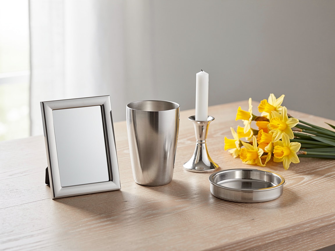 Cadeaux en étain pour 10 ans de mariage : gobelet, cadre photo, bougeoir et vide-poche avec un bouquet de jonquilles