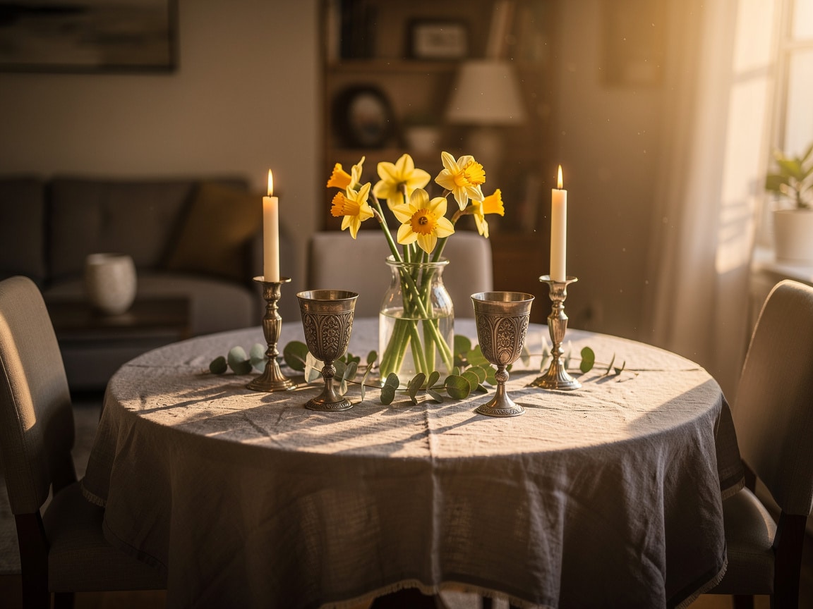 Table dressée pour un dîner à deux de noces d'étain avec gobelets et chandeliers en étain et jonquilles