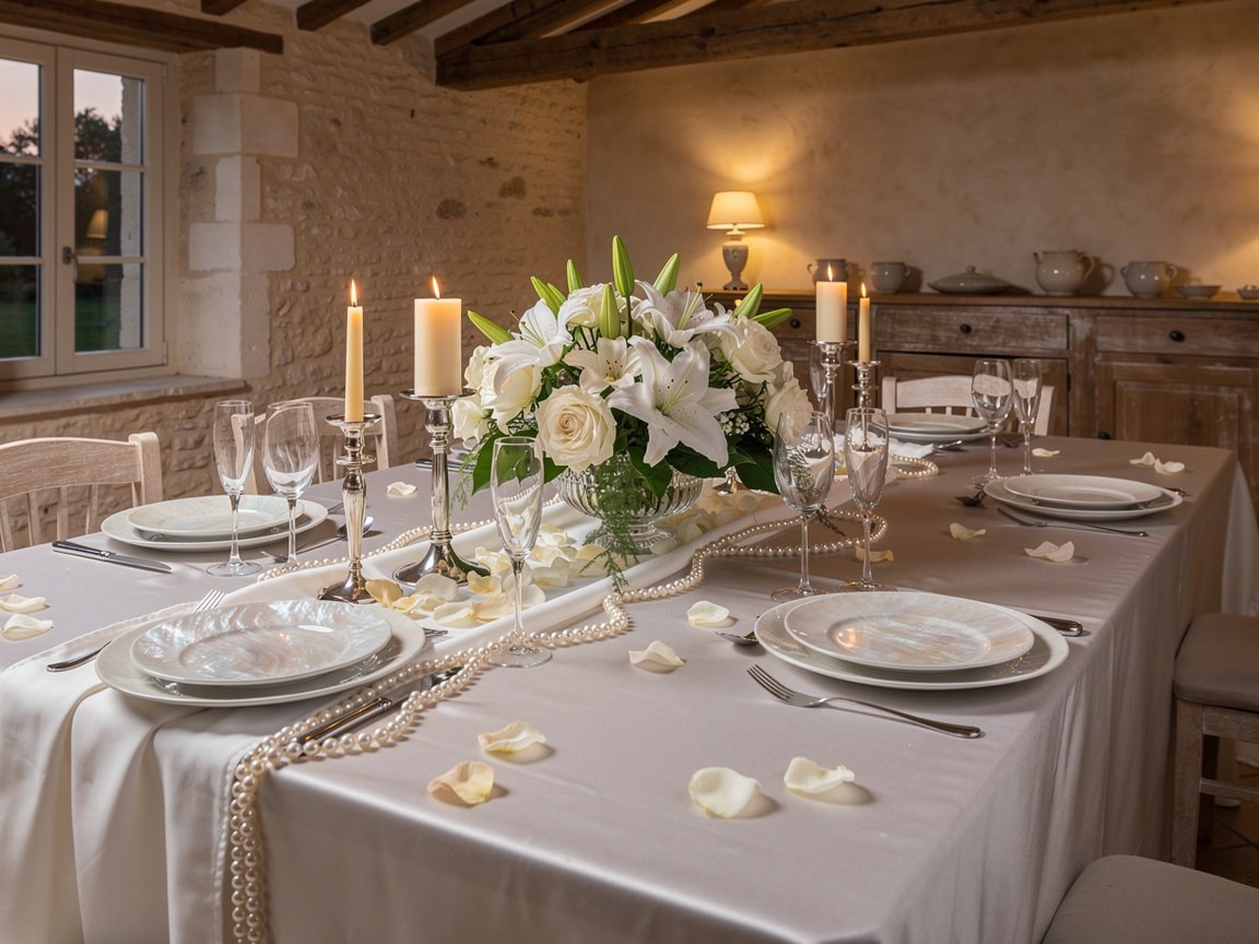 Table de fête pour des noces de perle décorée de lys blancs, de roses et de guirlandes de perles