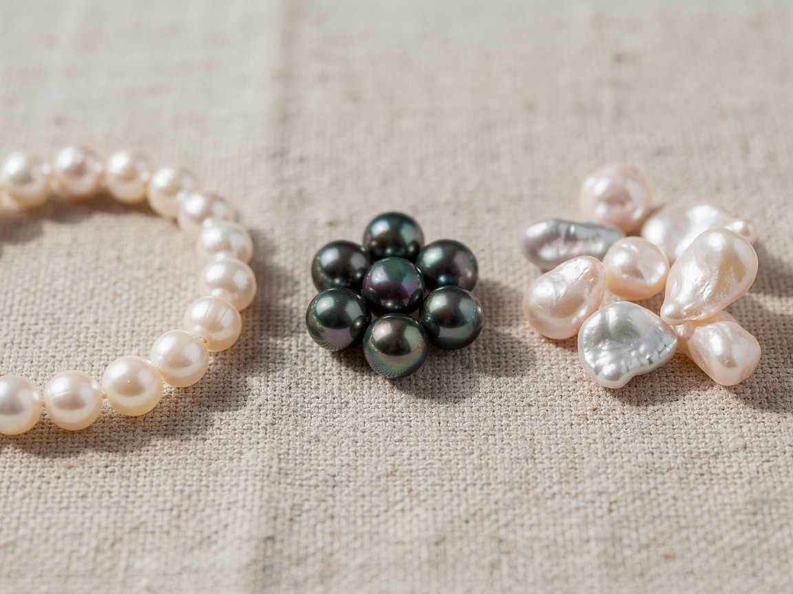 Perles de culture Akoya blanches, perles de Tahiti sombres et perles baroques d'eau douce, idées de cadeau pour des noces de perle