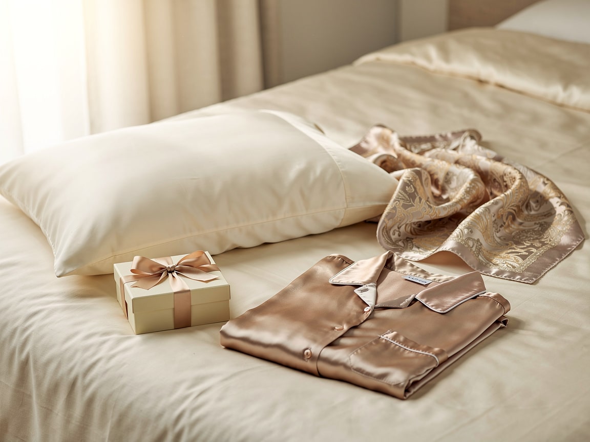 Idées cadeaux pour 12 ans de mariage : taie d'oreiller, foulard et pyjama en soie