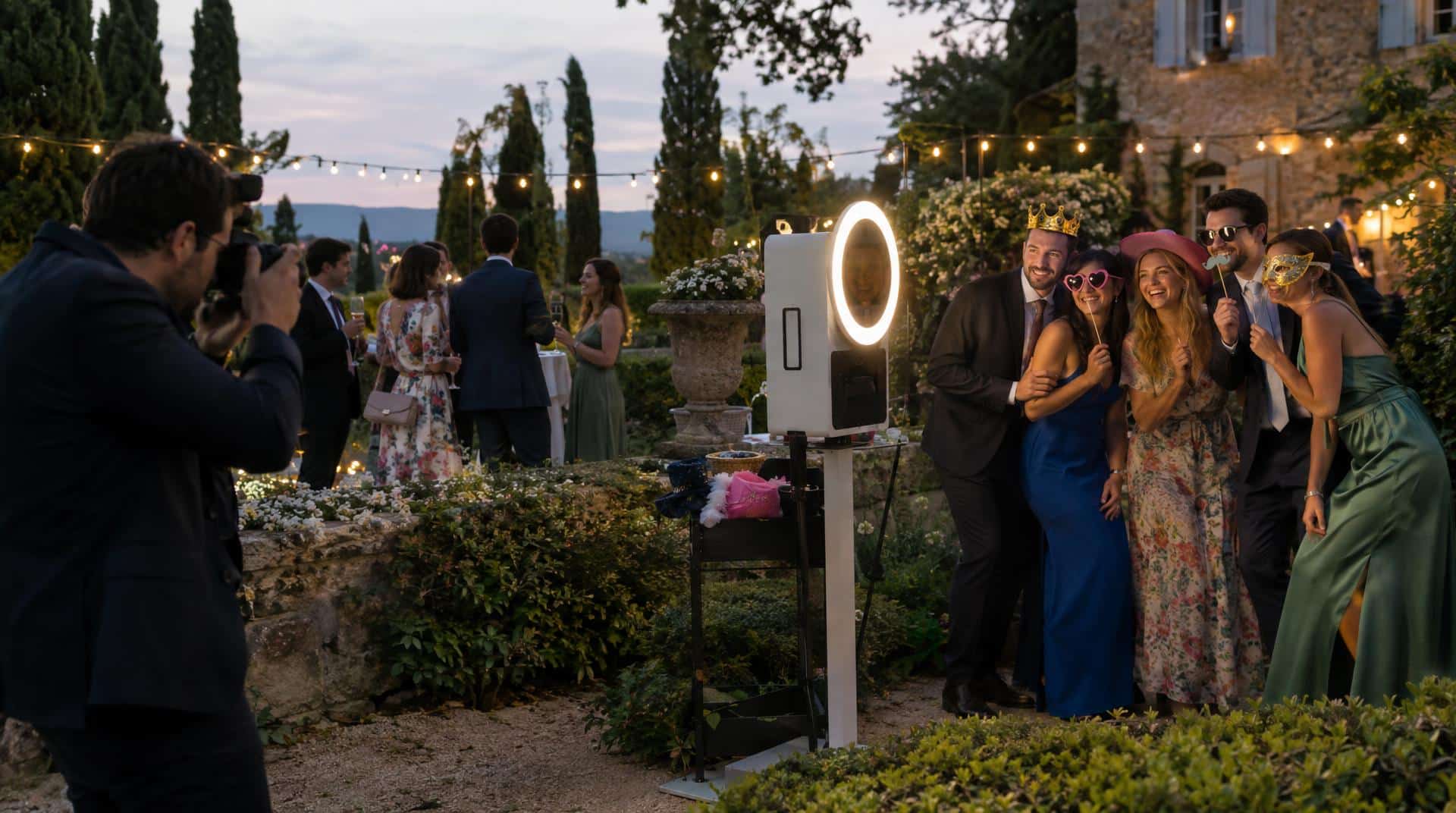 Cocktail de mariage : le photographe d'un côté, le photobooth avec accessoires de l'autre