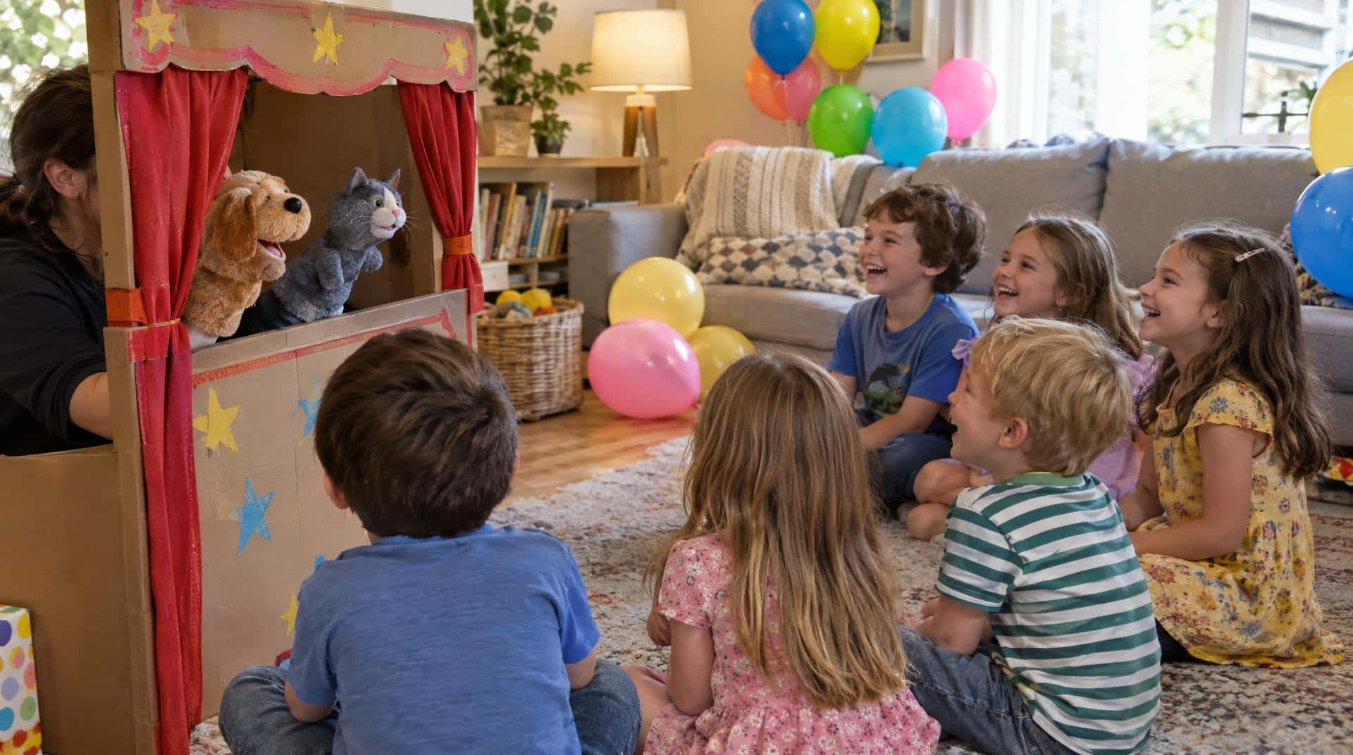 Spectacle de marionnettes dans un théâtre en carton pour un anniversaire d'enfant à la maison