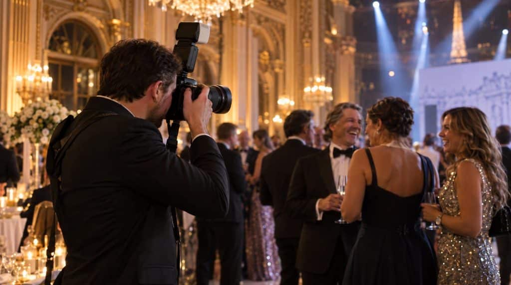 Photographe événementiel en action pendant une soirée de gala à Paris