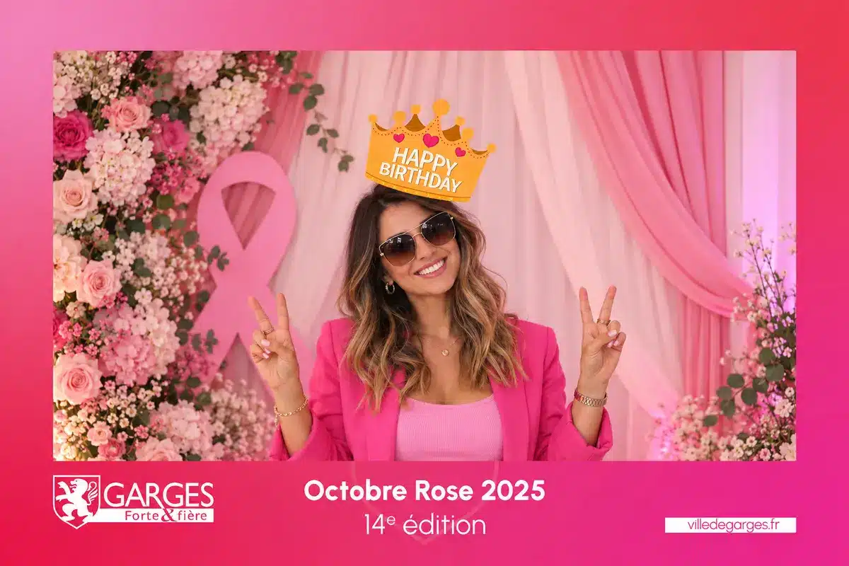 Tirage photobooth 2025 de la ville de Garges-lès-Gonesse, 14e édition, décor de fleurs roses et grand ruban