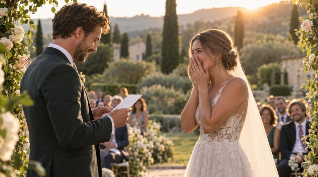 Échange des vœux de mariage sous une arche fleurie lors d'une cérémonie laïque en extérieur