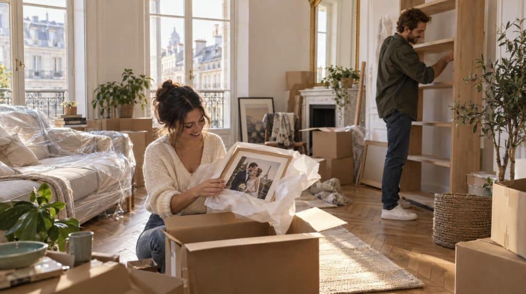 Jeunes mariés qui emménagent ensemble : elle déballe leur photo de mariage, il monte une étagère dans leur premier appartement