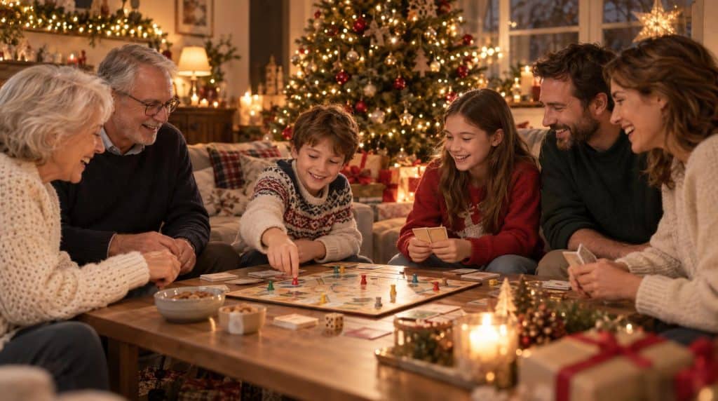 Jeux de Noël en famille : trois générations jouent à un jeu de société au pied du sapin le soir du réveillon