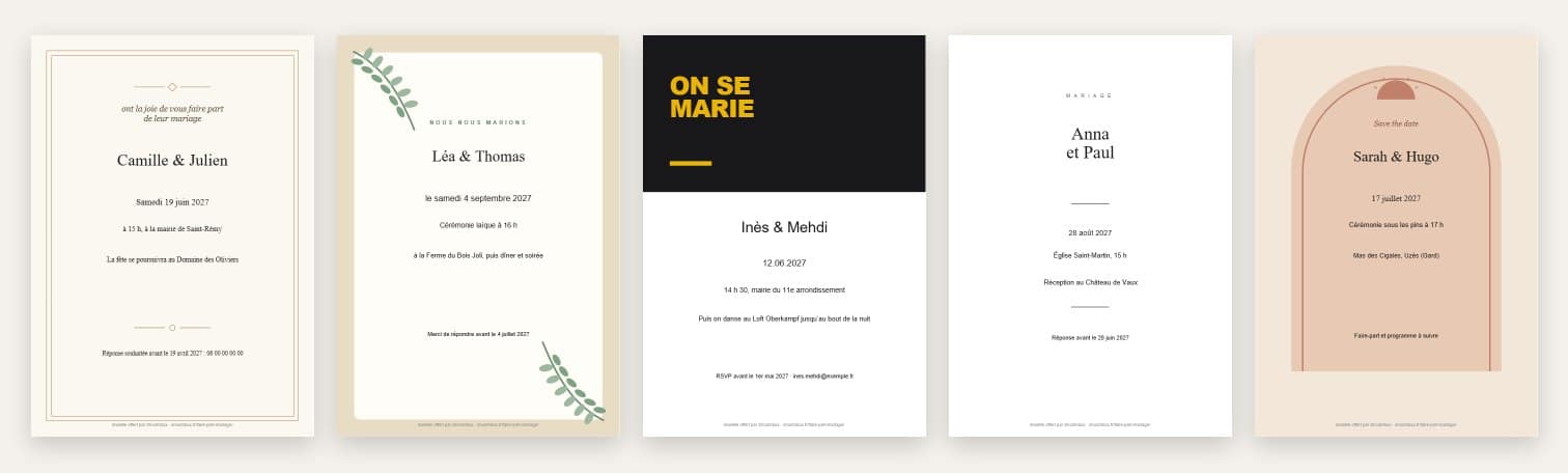Les 5 modèles de faire-part de mariage gratuits à imprimer : classique, champêtre, moderne, minimaliste et bohème
