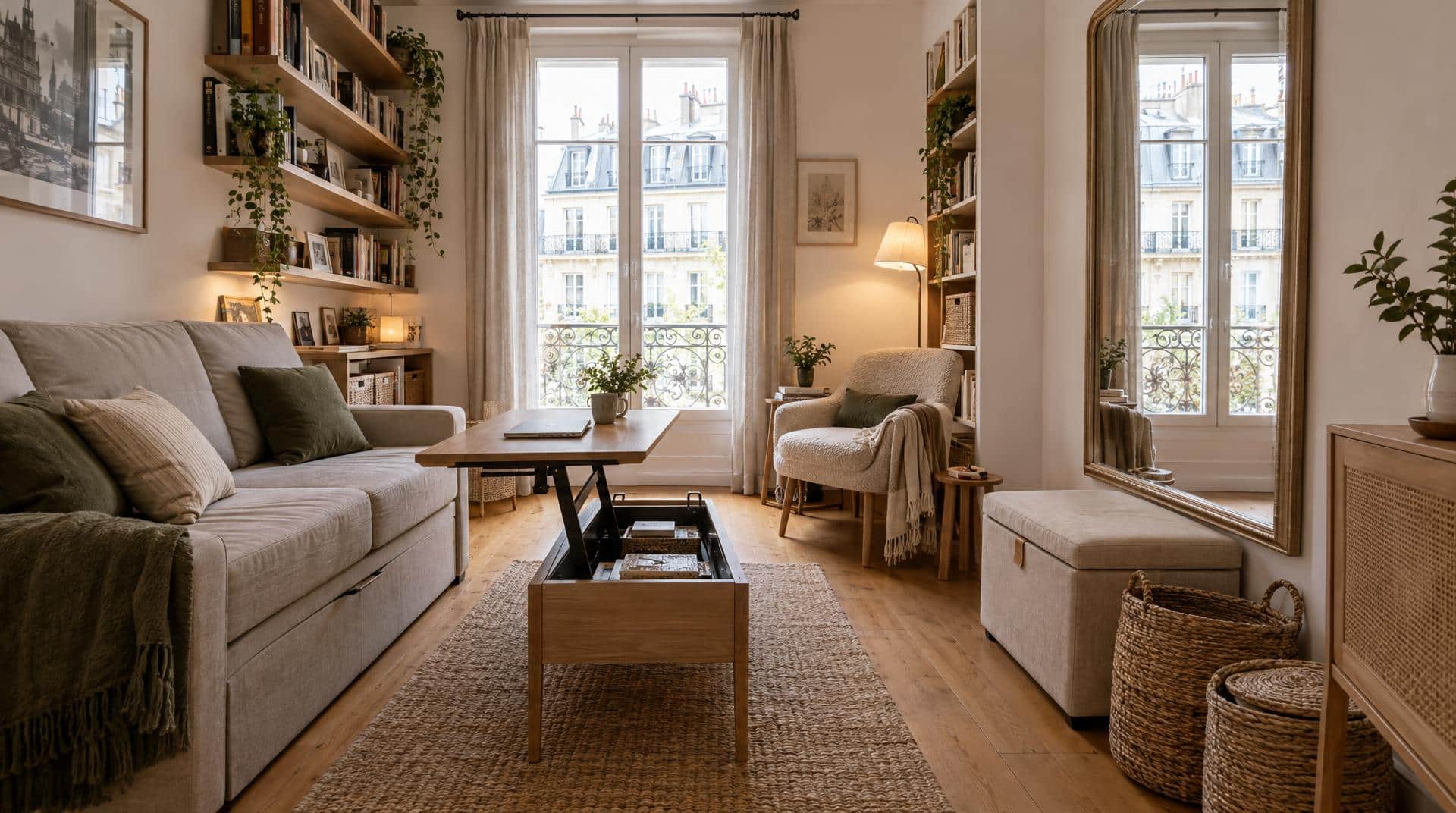 Petit salon de couple optimisé : canapé convertible, table basse relevable, étagères murales et grand miroir