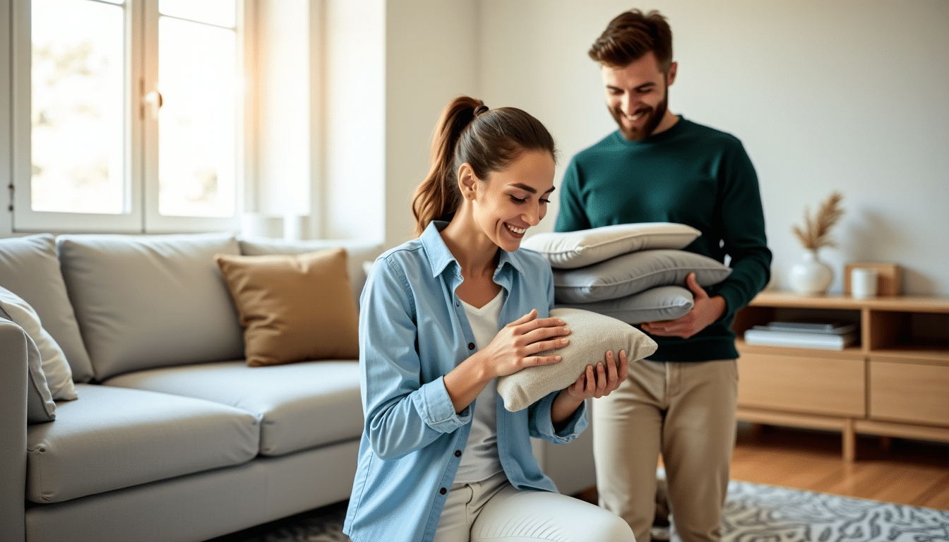 Jeunes mariés installant les coussins du canapé dans le salon de leur premier appartement