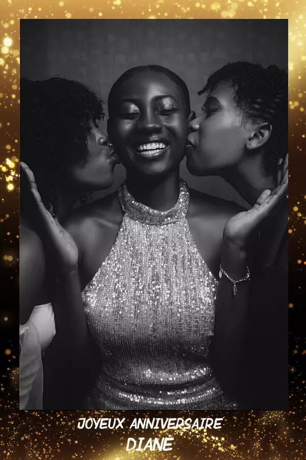 anniversaire diane impression photo femme noir se faisant embrassé sur la joue par deux amis contour doré